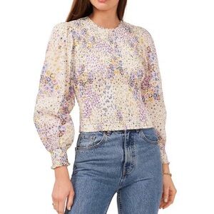 1. STATE Women’s Smocked Long Bishop Sleeve Blouse Floral Print‎ Cropped Top  Sm